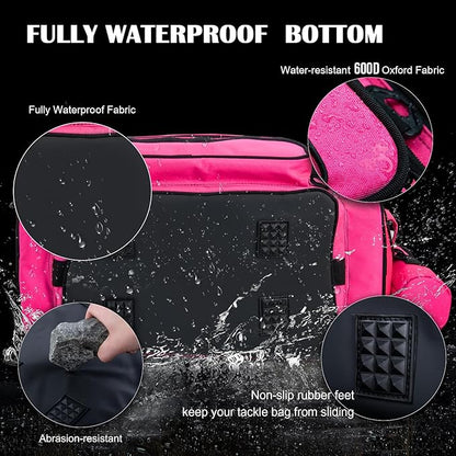 Goture Fishing Tackle Bag, Store Up to 4PCS 3700 Plus 2PCS 3600 Tackle Trays(Not Included), 600D Soft Side Gear Fishing Bag with Rod Straps,Detachable Water Bottle Pouch,Waterproof Bottom,SBS Zippers