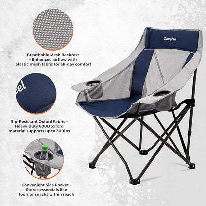 SUNNYFEEL 2 Pack Lightweight Oversized Camping Chairs for Adults Portable Folding Chair with Side Pockets & Cup Holde for Beach,Fishing,Trip,Picnic,Lawn,Concert Outdoor, Carry Bag Included