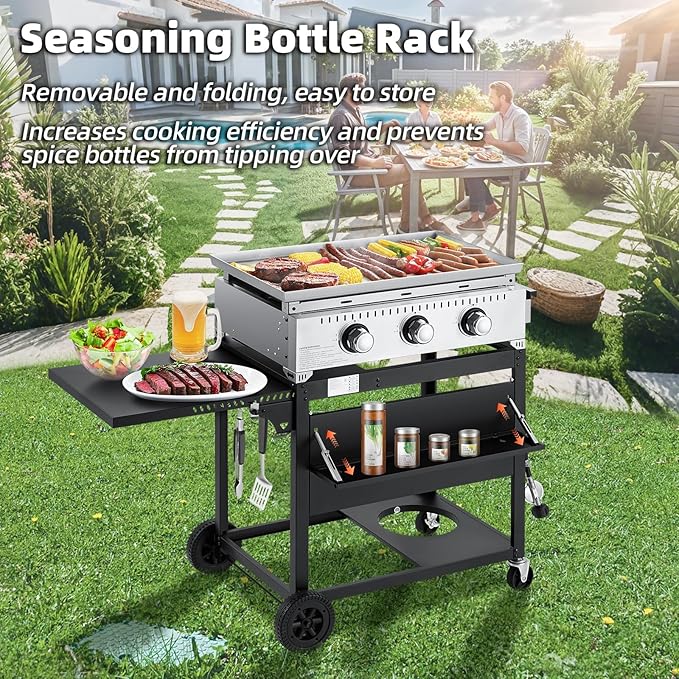 MELLCOM 3 Burner 30000 BTU Outdoor Gas Griddle with Lid (Side Shelf), Portable Flat Top Griddle 28 Inch Heavy-Duty Cast Iron Grill, Bottle Rack & Grease Pan for Camping, Picnic, Patio
