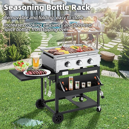 MELLCOM 3 Burner 30000 BTU Outdoor Gas Griddle with Lid (Side Shelf), Portable Flat Top Griddle 28 Inch Heavy-Duty Cast Iron Grill, Bottle Rack & Grease Pan for Camping, Picnic, Patio