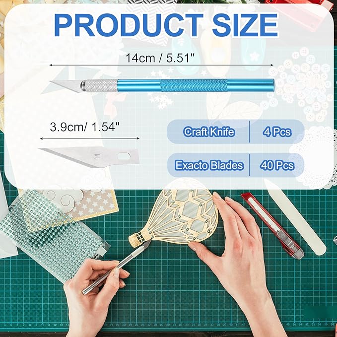 MECCANIXITY 4 Pcs Exacto Knife, Craft Hobby Knife with 40 Exacto Blades(#11) Profession Craft Knives for Crafting, Modeling, Scrapbooking (Blue)