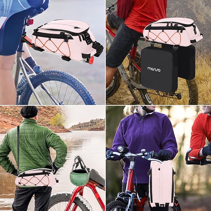 MOSISO Bike Rack Bag with 2 Removable Panniers, Waterproof Bike Trunk Cooler Storage Handbag Insulated Bicycle Rear Seat Pouch, Bicycle Storage Saddle Shoulder Bag Cycling Luggage Pouch, Pink