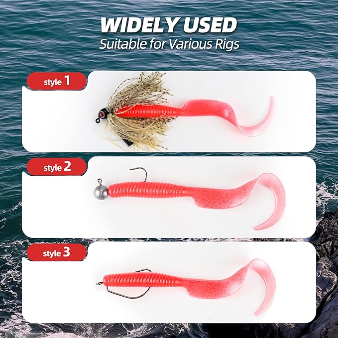 Curly Style Tail Worms Fishing Lures – Realistic Wavy Tail Soft Bait Grub Swimbaits for Saltwater & Freshwater Fishing, Available in 4 Inch & 6 Inch, Perfect for Bass, Trout, Crappie, & More