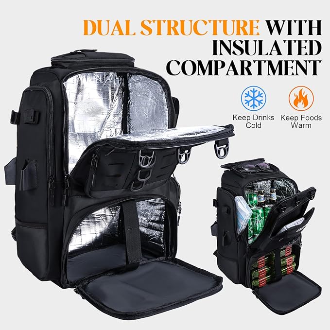 Goture 40L Fishing Tackle Backpack with Cooler and 2 3600 fishing tackle trays, 900D Water-Resistant Tackle Backpack with Removable Bait Binder, 2 Rod Holders and Rain Cover, Black fishing bag