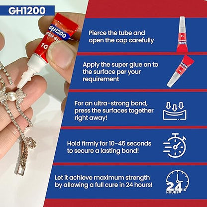 GH1200-1 Gram (Pack of 48) Single-Use Super Glue All Purpose, Super Fast, Thick & Strong Adhesive Superglue, Cyanoacrylate Glue for Hard Plastics, DIY Craft, Ceramics, Frame, Leather, Metal Etc