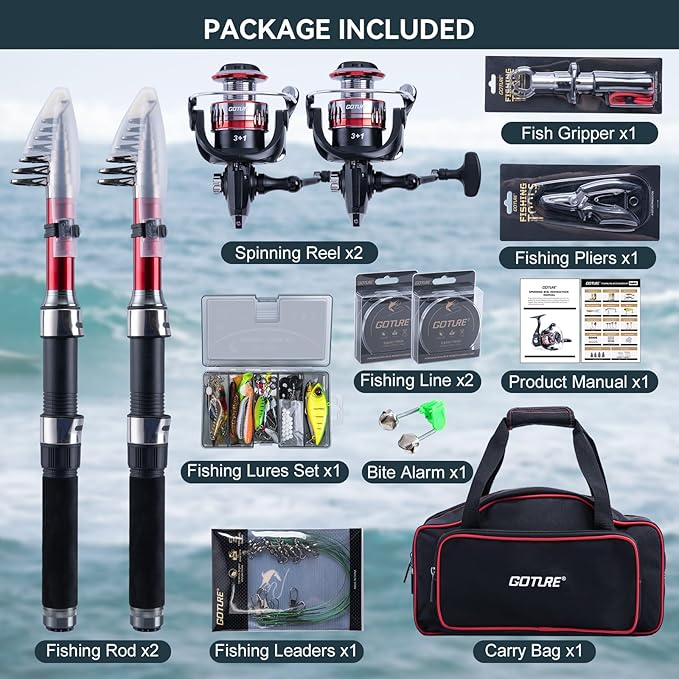 Goture Fishing Rod and Reel Combos-2PCS Telescopic Fishing Pole+2PCS Pre-Loaded Spinning Reels with Carrier Bag,1.8M-2.7M Telescopic Rod Reel Kit for Starter Travel Saltwater Freshwater,Gifts for Men