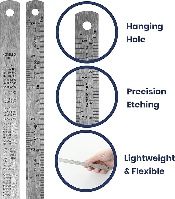 Pacific Arc 6 Inch Stainless Steel Ruler with Inch/Metric Conversion Table