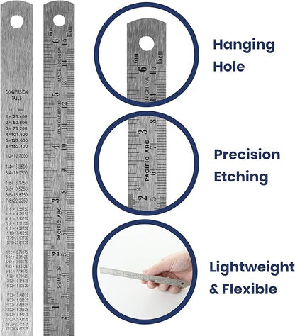 Pacific Arc 6 Inch Stainless Steel Ruler with Inch/Metric Conversion Table