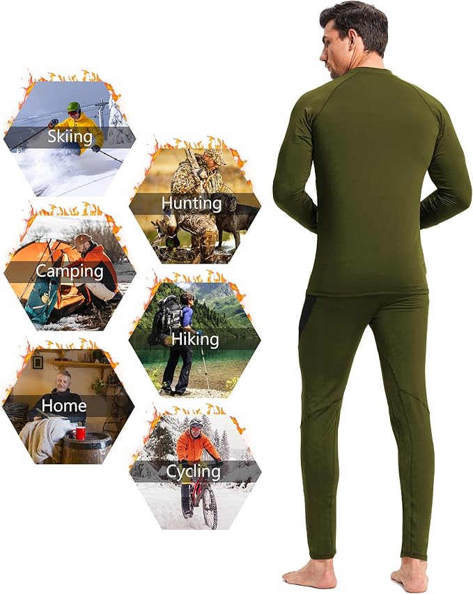 CL convallaria 2 Pack Mens Thermal Underwear Fleece Lined Long Johns Winter Base Layer Cold Weather Hunting Gear