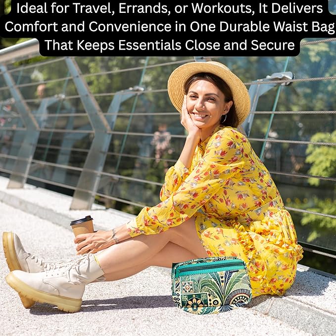 Yewande&co Neoprene Fanny Pack Belt Bag – Lightweight Waterproof Waist Bag with Adjustable Strap, 3 Zippered Pockets, Crossbody Belt Bag for Travel, African Design Crossbody Bags (Palms)