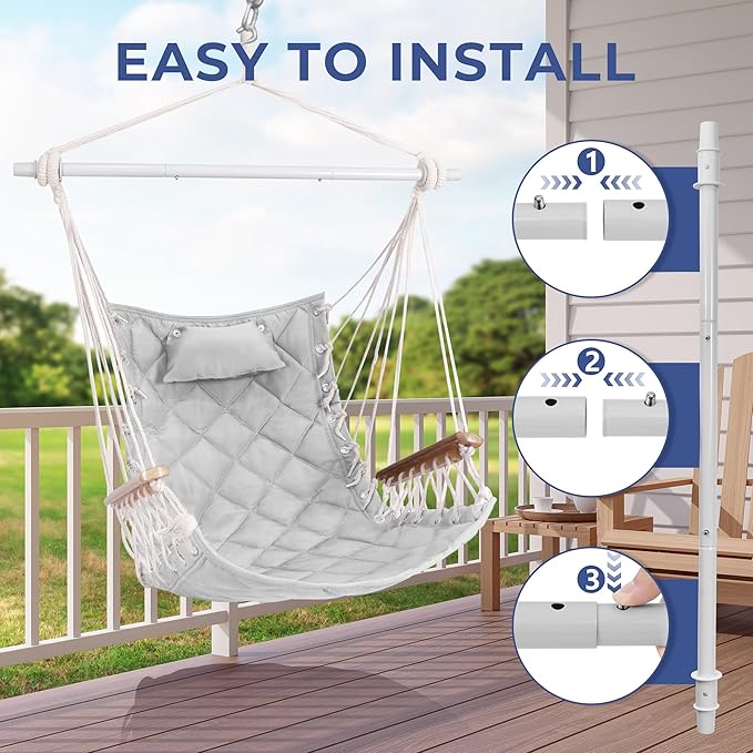 Hammock Chair Hanging Swing with Wooden Armrests;Steel Spreader Bar,Pillows,Hardware kit Included;Cotton Woven Fabric;Up to 350 Lbs,for Indoor Light Grey