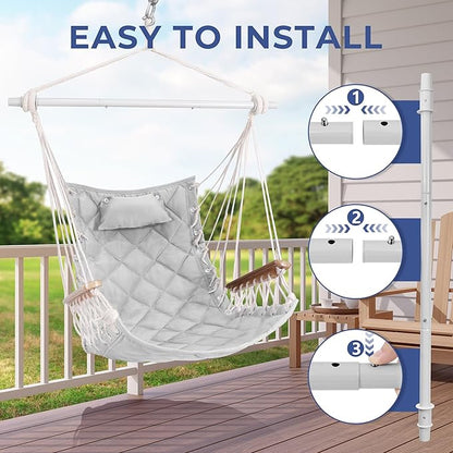 Hammock Chair Hanging Swing with Wooden Armrests;Steel Spreader Bar,Pillows,Hardware kit Included;Cotton Woven Fabric;Up to 350 Lbs,for Indoor Light Grey