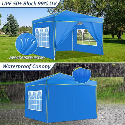 COBIZI 10x10 Pop up Canopy, Canopy Tent 10x10 Gazebos, Ez up for Parties Beach Camping Party Event Shelter Sun Shade with 4 Sidewalls & Carry Bag 4 Stakes & Ropes & Sandbags, Blue