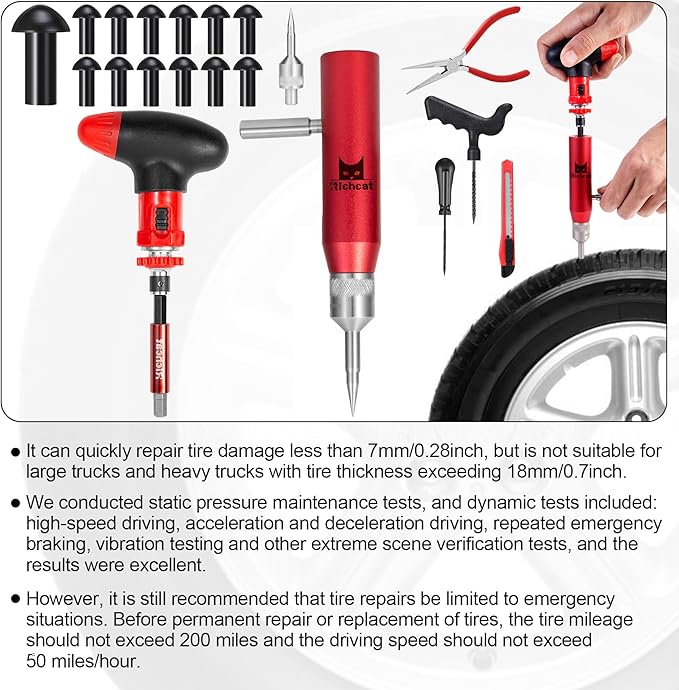 Richcat Tubeless Tire Puncture Repair Kit with Mushroom Plug, Repairs punctures and Flat Tires for Motorcycles, Cars, Trucks, ATVs and Tractors