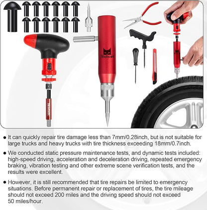 Richcat Tubeless Tire Puncture Repair Kit with Mushroom Plug, Repairs punctures and Flat Tires for Motorcycles, Cars, Trucks, ATVs and Tractors