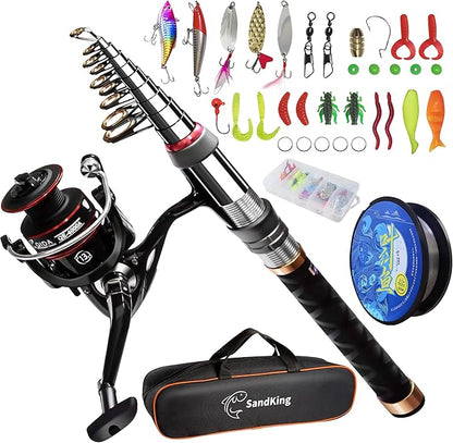 Fishing Pole Kit, Carbon Fiber Telescopic Fishing Rod and Reel Combo with Spinning Reel, Line, Bionic Bait, Hooks and Carrier Bag, Fishing Gear Set for Beginner Adults