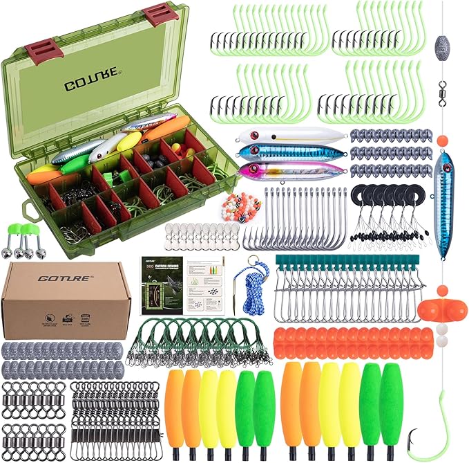 Goture Catfish Rig Making Kit,301pcs Catfishing Tackle with Luminous Fishing Hook Swivel Sinker Weights Rattle Float Bobber Stoppers,Catfish Rigs Accessories with 3600 Tackle Box,Gifts for Men