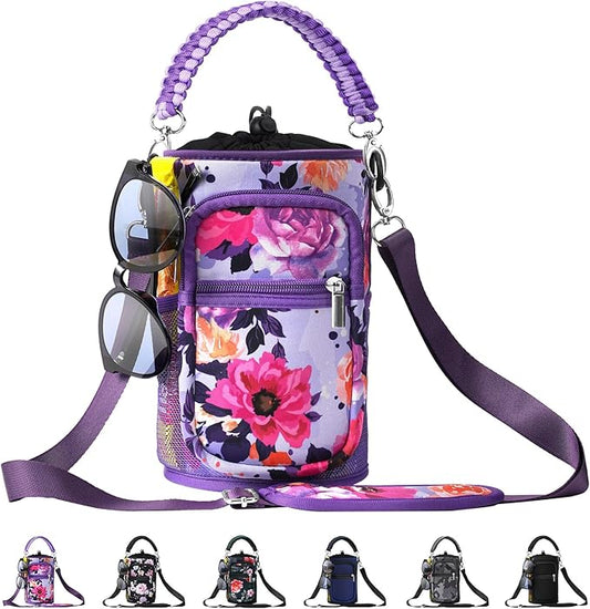 32/40/64/87/128 oz Water Bottle Carrier Bag, Neoprene Water Bottle Sleeve with 4 Pocket, Sport Water Holder with Paracord Handle and Shoulder Strap for Walking Hiking Camping Gym