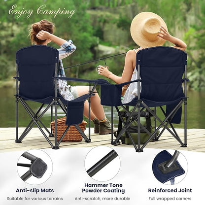 HIGH POINT SPORTS Oversized Portable Camping Folding Chair, Heavy Duty Portable Lawn Chairs, Folding Chairs for Outside with Cup Holder and Cooler Bag for Camp, Travel, Support 450 LBS, 2 Pack,Blue