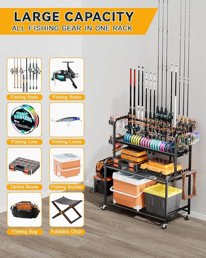 Fishing Rod Holder with 15-Pole Rack 3-Tier Fishing Cart for Fishing Accessories and Gear Storage, Perfect Fishing Pole Holders for Garage, Home or Shed, Ideal Fishing Gift for Men and savior
