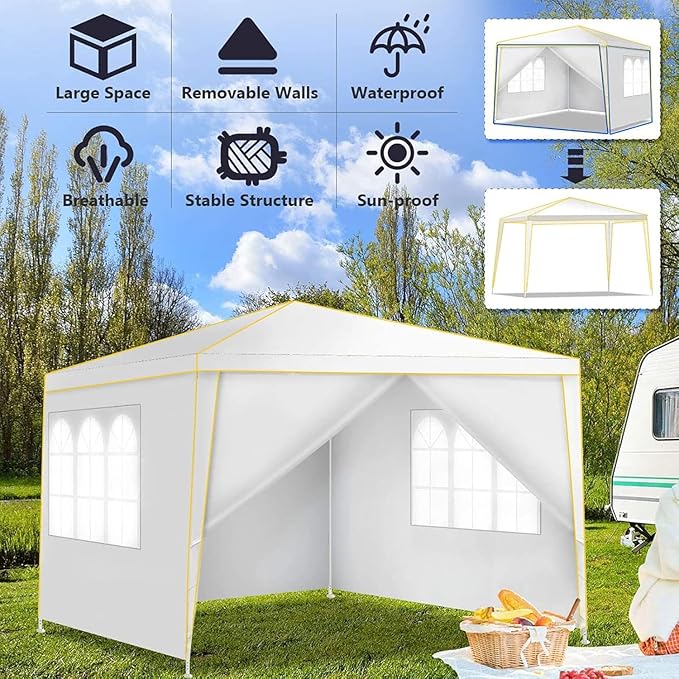 COBIZI 10x10 Pop up Canopy, Canopy Tent 10x10 Gazebos, Ez up Canopy for Parties Outdoor Camping Party Event Shelter Sun Shade with 4 Sidewalls & Carry Bag 4 Stakes & Ropes & Sandbags, White