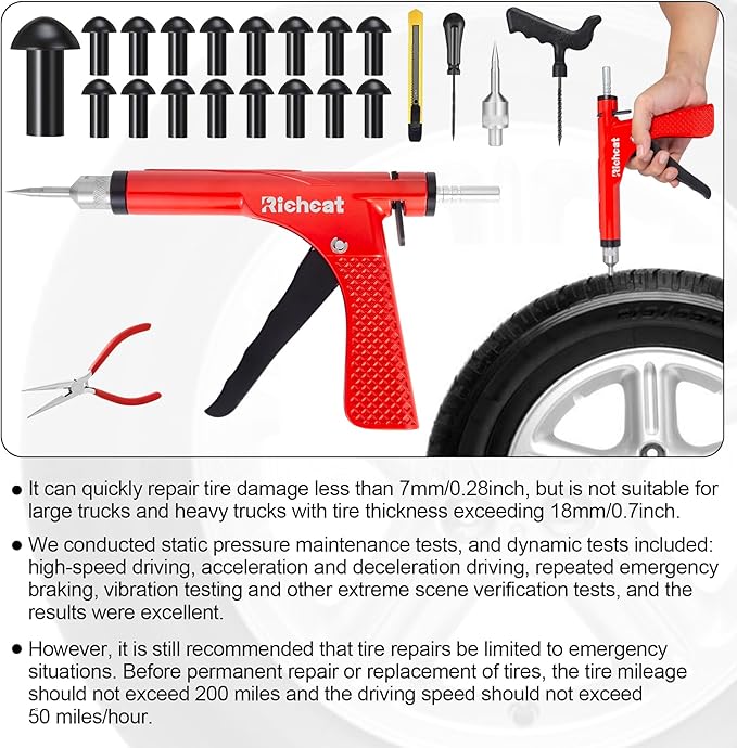 Richcat Tubeless Tire Puncture Repair Kit with Mushroom Plug, Repairs punctures and Flat Tires for Motorcycles, Cars, Trucks, ATVs,Gun Puncture Repair Kit