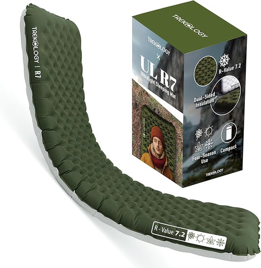 TREKOLOGY Sleeping Pad for Camping– Ultra-Lightweight, 4" Thick Camping Mat with 7.2 R-Value for All Seasons– Compact, Durable & Waterproof–Ideal for Backpacking, Hiking, and Outdoor Adventures UL R7