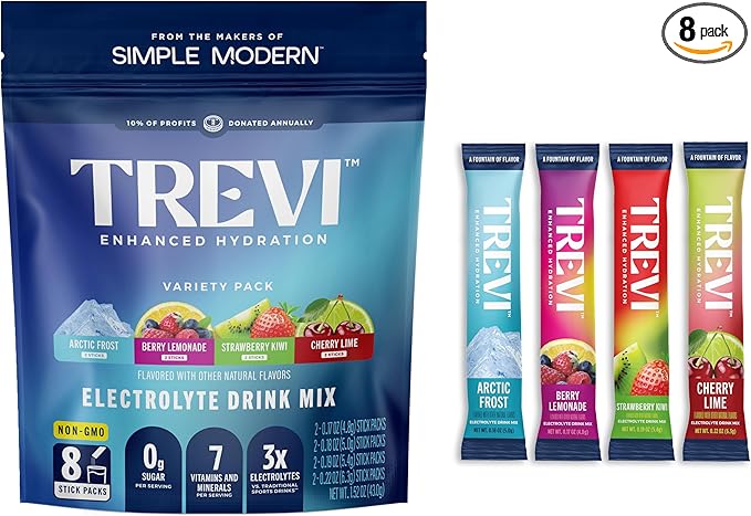 TREVI™ Sugar Free Electrolytes - Drink Mix Hydration Powder Packets - 8 Count - Favorites Variety Sample Pack - Cherry Lime, Strawberry Kiwi, Berry Lemonade, Arctic Frost