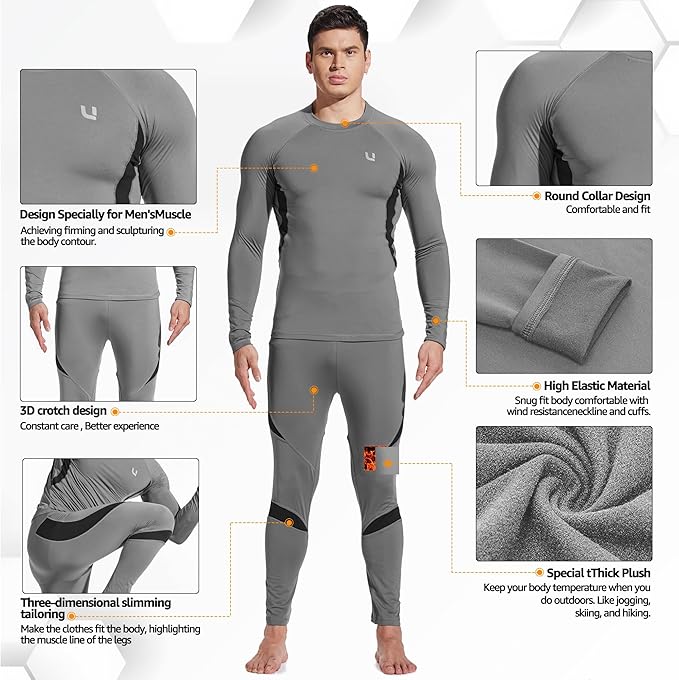 UNIQUEBELLA Men's Thermal Underwear Sets Top & Long Johns Fleece Sweat Quick Drying Thermo Base Layer