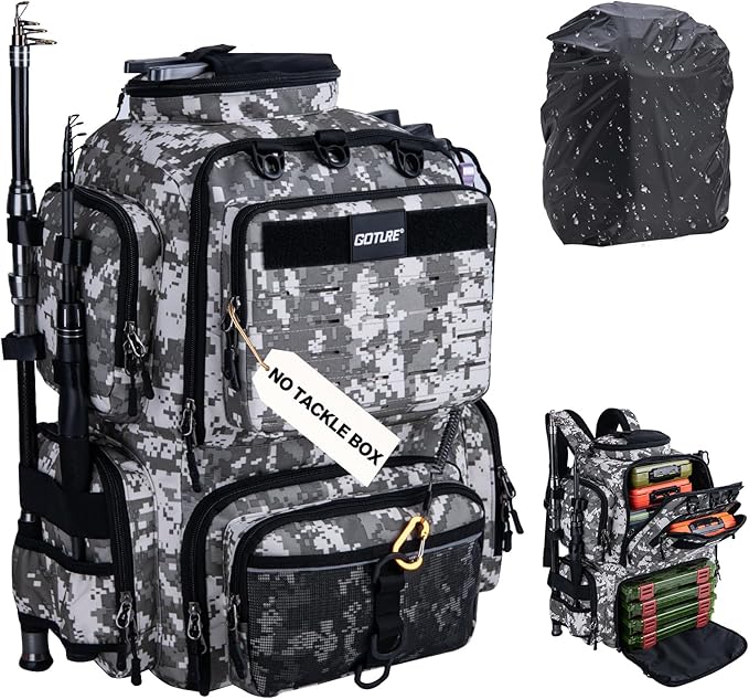 Goture Fishing Backpack,900D Water-Resistant Tackle Backpack with Rod Holders,45L Large Fishing Bag Storage Gear Tackle Bag with Rain Cover,Bottle Holder for Travel Camping Hiking(Without Tackle Box)