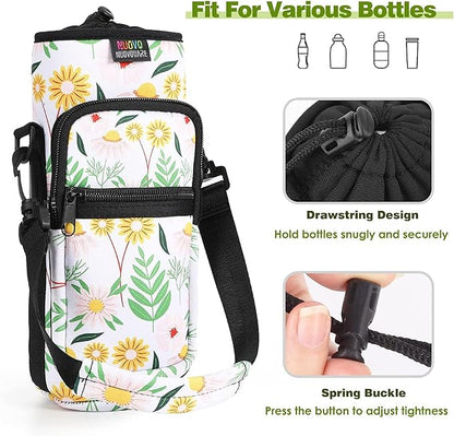 Nuovoware Water Bottle Carrier Bag,25oz/40oz/64oz Bottle Pouch Holder,Adjustable Shoulder Hand Strap 2 Pocket Sling Neoprene Sleeve Sports Accessories for Hiking Travelling Camping