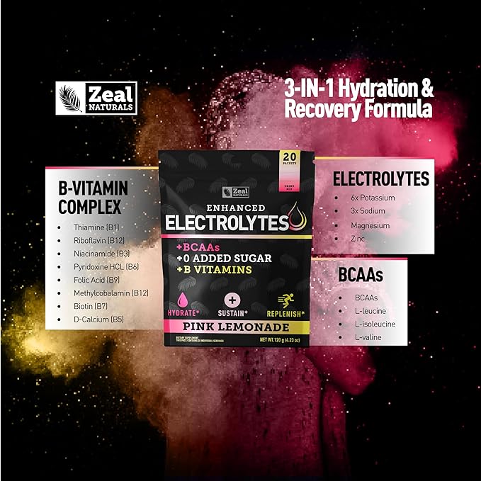 Zeal Naturals Enhanced Electrolyte Powder Stick Packs (Pink Lemonade - 20 Packets) Sugar Free + BCAA B-Vitamins & Pink Himalayan Salt - Keto Electrolytes, Hydration Powder