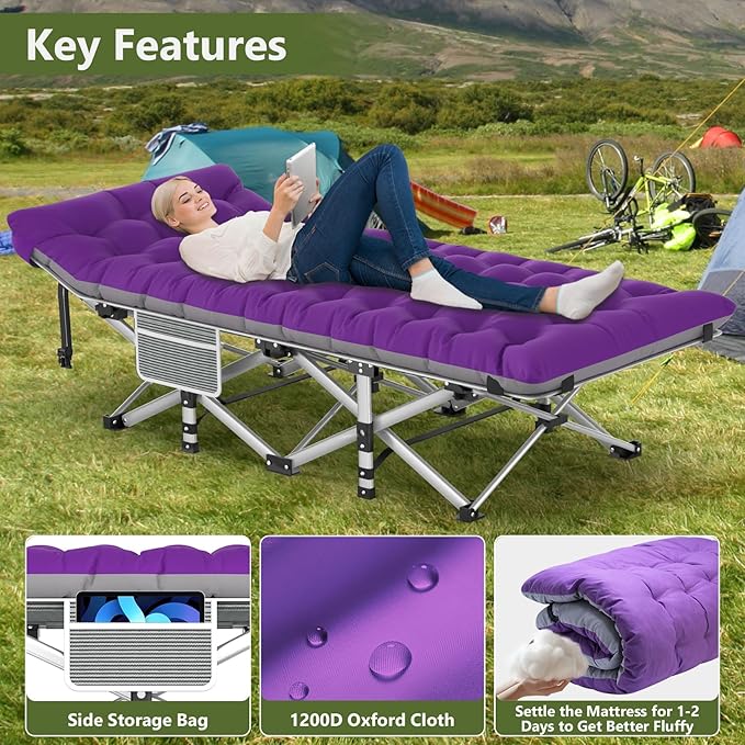 Slendor Folding Camping Cot with Mattress, 74" L x 28" W x 15" H Camp Cots for Adults, Portable Sleeping Cot Bed for Tent, Office, Travel, Max. 500lbs Load, Striated Gray Cot, Gray+Purple Pad