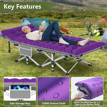Slendor Folding Camping Cot with Mattress, 74" L x 28" W x 15" H Camp Cots for Adults, Portable Sleeping Cot Bed for Tent, Office, Travel, Max. 500lbs Load, Striated Gray Cot, Gray+Purple Pad