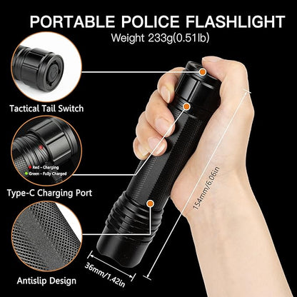 KunHe Rechargeable Flashlight Handheld Flashlights Tactical Flashlight with Belt Holster Bright LED Duty Flash Light with 4 Modes Long Lasting IPX7 Water Resistant