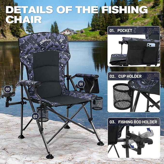 X Strike Oversized Folding Fishing Chair with Rod Holder Heavy Duty 350LBS, Feet Adjustable Padded Camping Chair with Cup Holder Side Pocket Hard Armrest