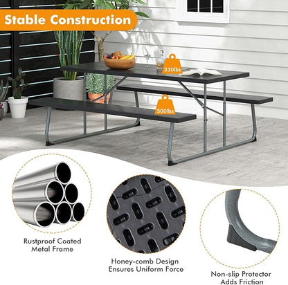 Tangkula 6 Ft Folding Picnic Table, Outdoor 8 Person Large Picnic Table Set with 2 Built-in Benches, Umbrella Hole, Metal Frame & HDPE Tabletop for Garden, Backyard (Black)
