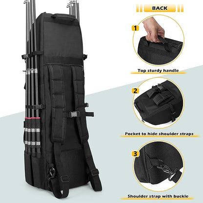 Fishing Rod Bag Backpack Holds 8 Rods & Reels, Fishing Tackle Bag with Compartment for Tackle Boxes, Fishing Gear or Equipment, Fishing Pole Carrying Bag with Tactical Molle System