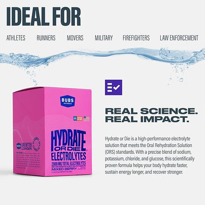 BUBS Naturals - Hydrate or Die Electrolytes Powder Packets for Fast Absorption | Premium 2000mg Electrolyte Powder | for Sports, Recovery & Well-Being (Natural Mixed Berry Flavor, 20 Sticks)