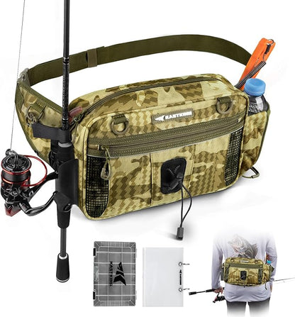 KastKing BaitSpace Waist Bag – Waterproof Tackle Storage Bag With Adjustable Belt, Fishing Fanny Pack for Men, Soft Bait Organizer, 3600 Utility Box, Rod Holder, Nylon