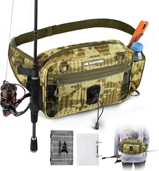 KastKing BaitSpace Waist Bag – Waterproof Tackle Storage Bag With Adjustable Belt, Fishing Fanny Pack for Men, Soft Bait Organizer, 3600 Utility Box, Rod Holder, Nylon