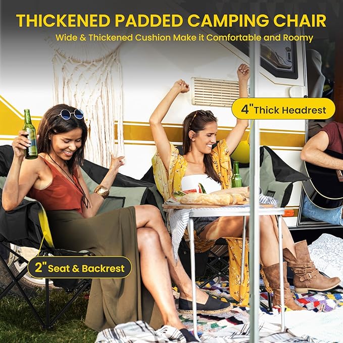 NAIZEA Heated Camping Chairs with Cooler Bag, Folding Camping Chair for Adults Outdoor, Heavy Duty Heated Lawn Chair for Camp, Garden, Firepits, Patio, & More, Support 500 LBS