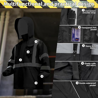 Hi-Vis Reflective Safety Rain Jacket and Pants for Men Women Waterproof Rain Gears with Inner Mesh Lining and pocket，Black S/M