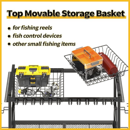 SOYEEZE Large Size Fishing Rod Holders for Garage, Heavy Duty 3-Tier Fishing Pole Rack Holds Up to 12 Rods, Fishing Gear Organizer with 2 Metal Baskets, Fishing Storage Cart with Lockable Wheels