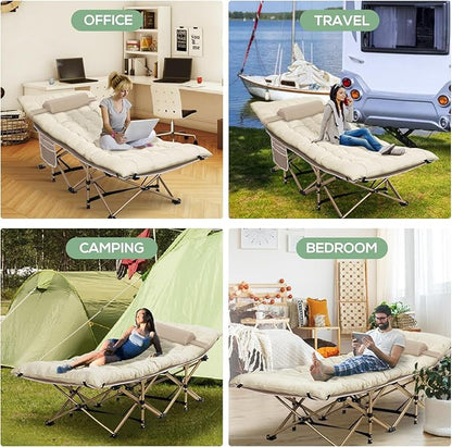 2 Pack Wide Folding Camping Cots with Pillow & Extra Thick 3 Inch Matress, Cots for Sleeping 900 LBS, Camping Bed for Adults with Cushion, Sleeping Cot (Cream)