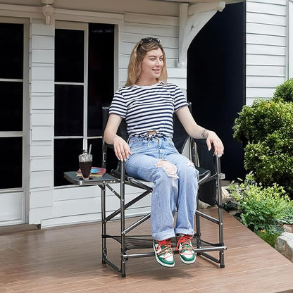 EVER ADVANCED Medium Tall Directors Chair Foldable Makeup Artist Chair Bar Height with Side Table Cup Holder and Pocket Footrest, Supports 400LBS (Grey, Seat Height: 23.2 inches)