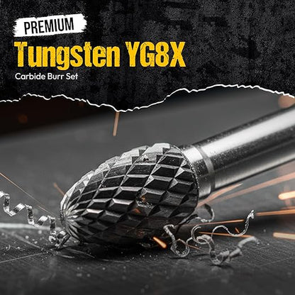 10Pcs Tungsten Carbide Burr Set 6.35mm - 1/4" Shank Double Cut Die Grinder Bits Cutting Burrs - Metal, Steel - Rotary Tools Rasp Accessories - Deburring, Engraving, Grinding, Carving, Porting