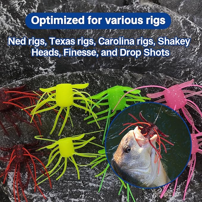 Eupheng Silicone Soft Dice Fishing Lures with Multiple Tentacles, Handmade Slow Sink Bass Fishing Soft Plastic Baits for Drop Shot, Finesse, Wacky Rig