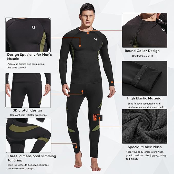UNIQUEBELLA Men's Thermal Underwear Sets Top & Long Johns Fleece Sweat Quick Drying Thermo Base Layer