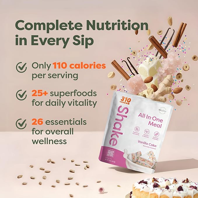 310 Nutrition All-In-One Meal Replacement Shake Powder - Plant-Based Protein Smoothie Blend w/High Fiber, Probiotics & Adaptogens - Low Carb, Vegan, Keto & Paleo Friendly - Vanilla Cake - 14 Srv